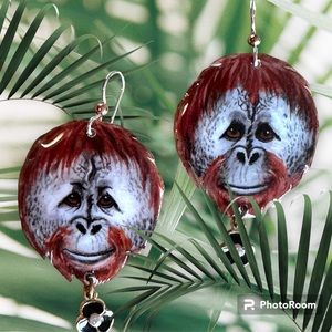 Handpainted orangutan earrings primates wildlife jewelry OOAK sterling